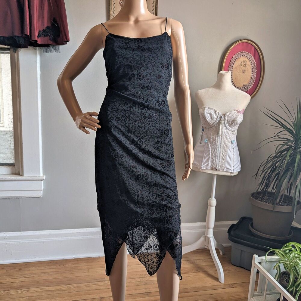 Vintage 90s Byer Too Black Midi Dress Cocktail Floral Glitter Whimsygoth Size M